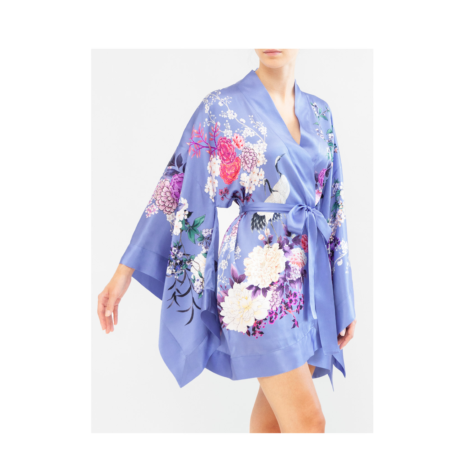 CORNFLOWER BLUE SILK SATIN SHORT KIMONO — MENG